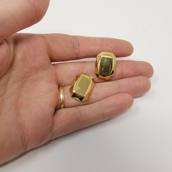 Vintage Rectangular Gold Tone Post Earrings, Faceted Design Minimal Estate Studs - Picture 3 of 5